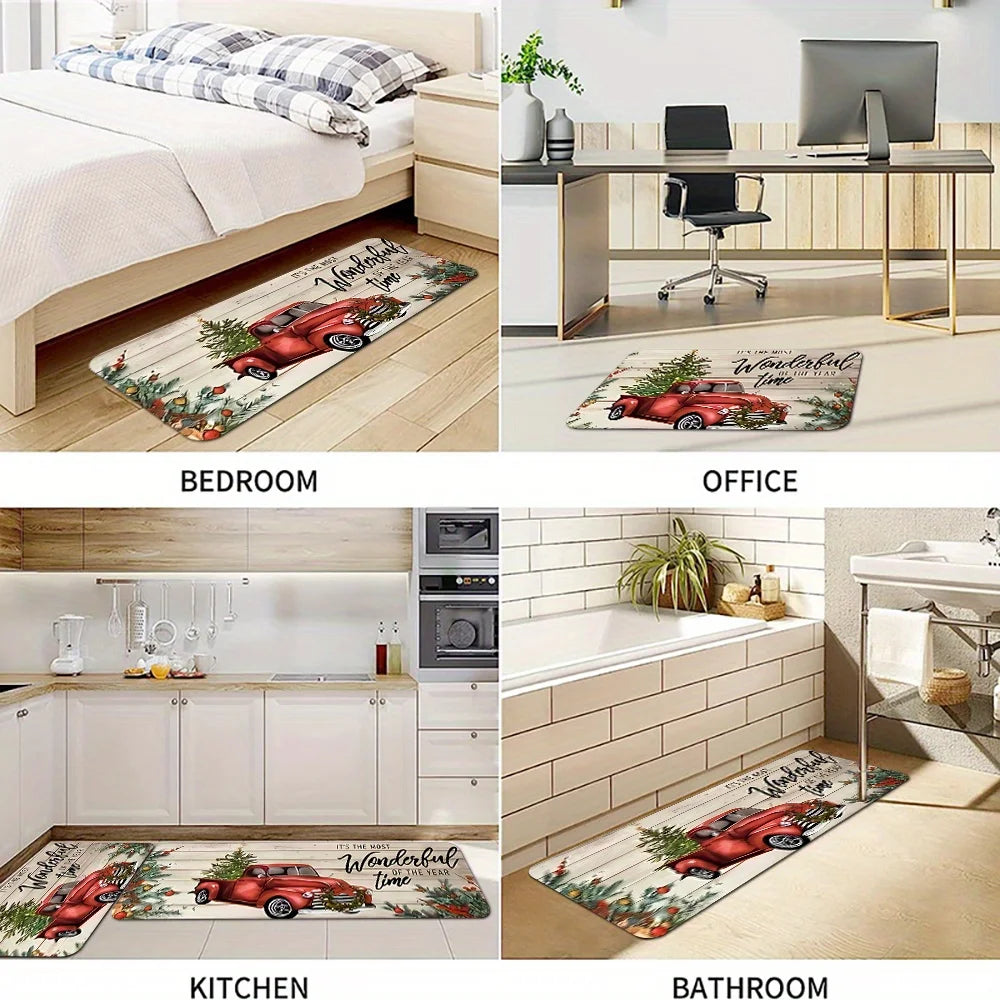 Merry Christmas Snow Resistant Kitchen Mat , Polyester Machine Washable Holiday Rug for Kitchen Corridor Bathroom Party Decor
