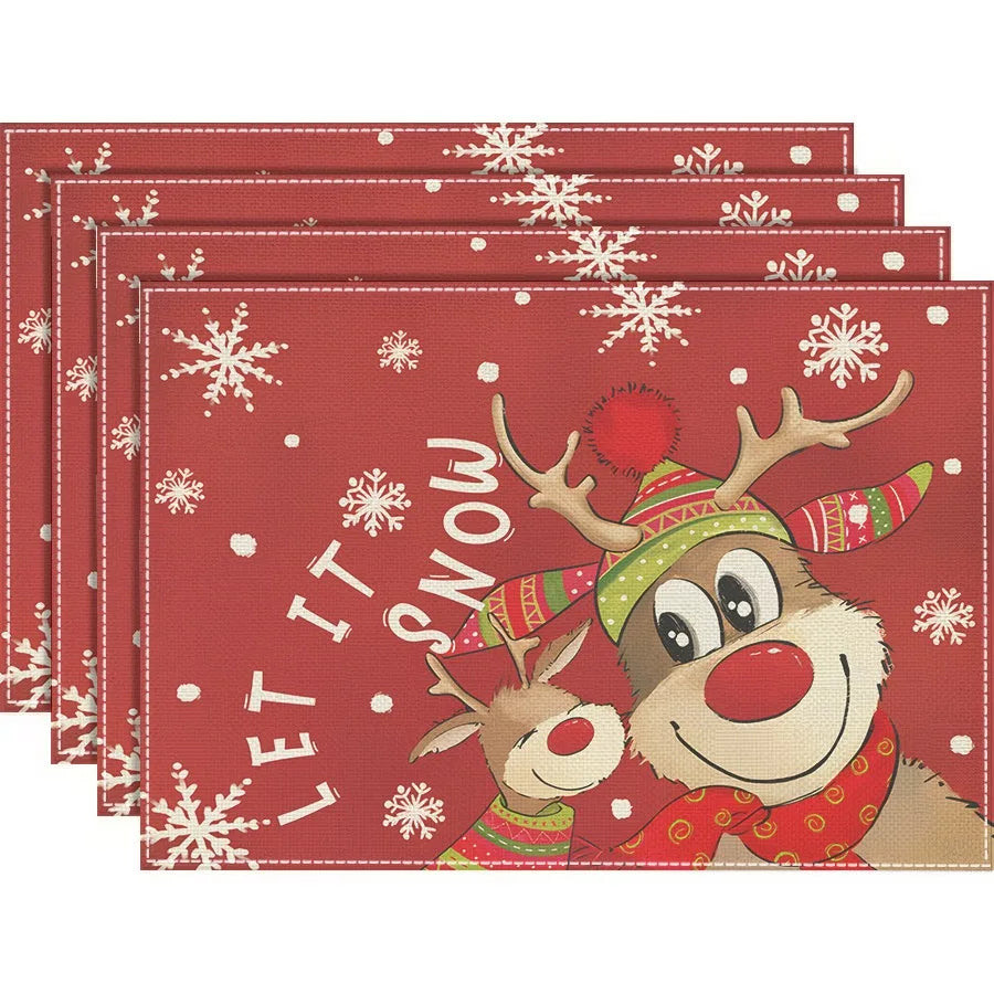 4/6/8Pcs Church Xmas Trees Linen Placemat Snowflakes Merry Christmas Placemats Winter Table Mats for Party Kitchen Dining Decor