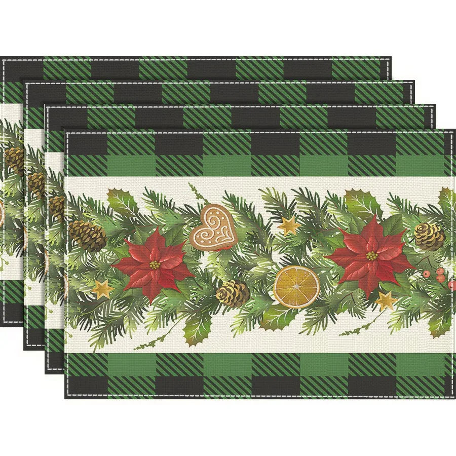 4/6/8Pcs Church Xmas Trees Linen Placemat Snowflakes Merry Christmas Placemats Winter Table Mats for Party Kitchen Dining Decor