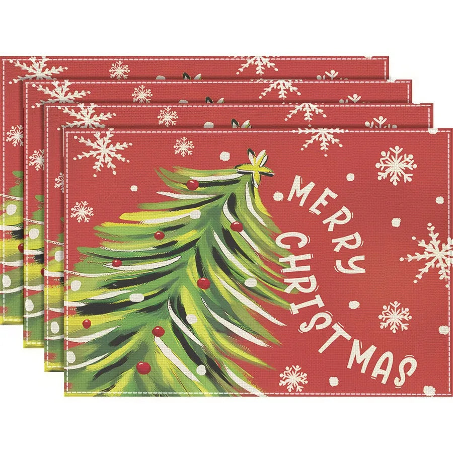 4/6/8Pcs Church Xmas Trees Linen Placemat Snowflakes Merry Christmas Placemats Winter Table Mats for Party Kitchen Dining Decor