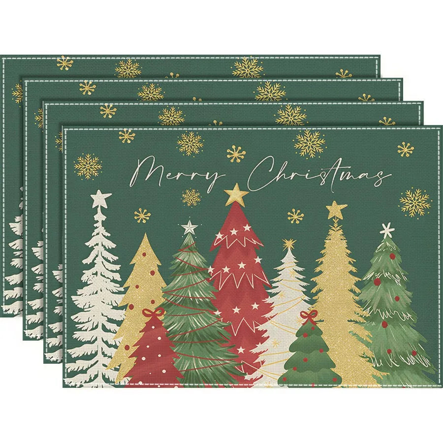 4/6/8Pcs Church Xmas Trees Linen Placemat Snowflakes Merry Christmas Placemats Winter Table Mats for Party Kitchen Dining Decor