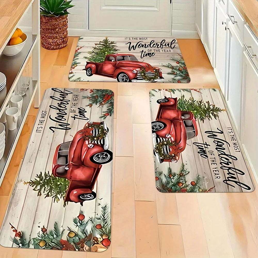 Merry Christmas Snow Resistant Kitchen Mat , Polyester Machine Washable Holiday Rug for Kitchen Corridor Bathroom Party Decor