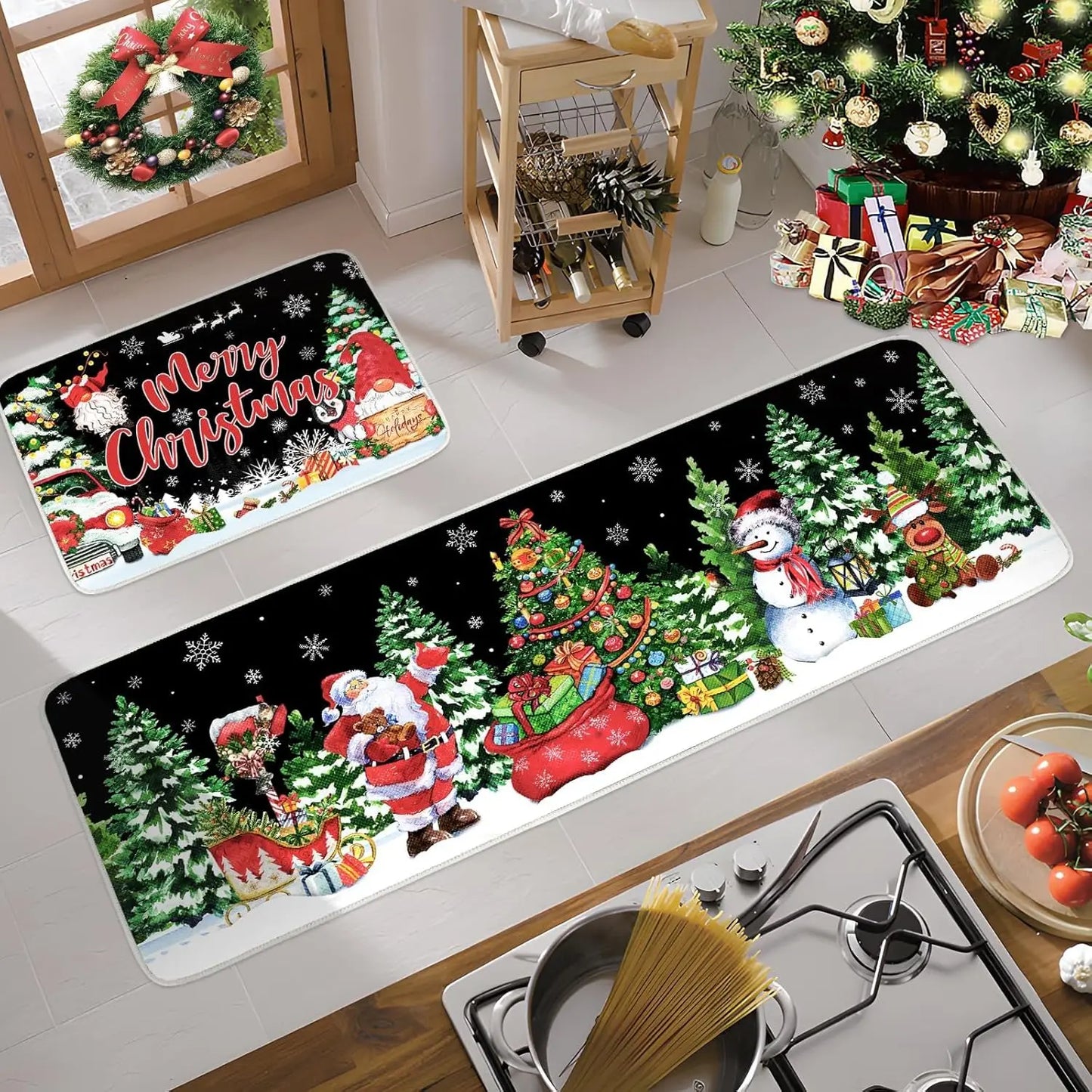 VIKAMA1/2PCS Lovely Christmas Gingerbread Man Crystal Velvet Kitchen Floor Mat Easy Care Floor Mat Entry Door Mat Home Decor