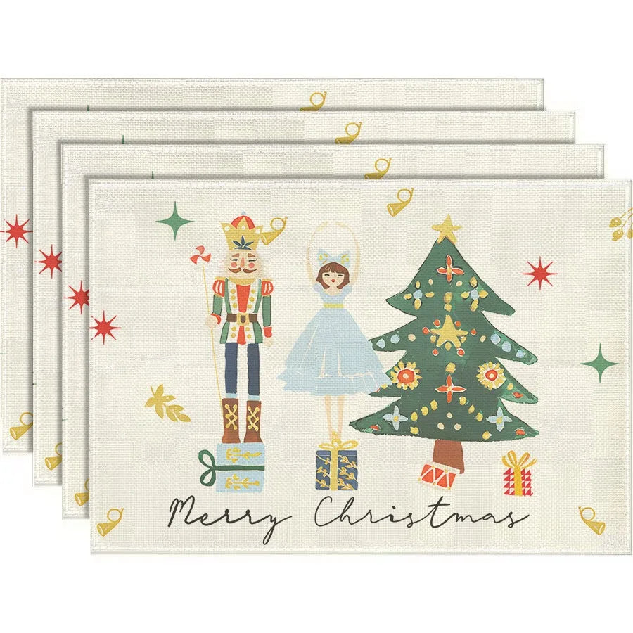 4/6/8Pcs Church Xmas Trees Linen Placemat Snowflakes Merry Christmas Placemats Winter Table Mats for Party Kitchen Dining Decor