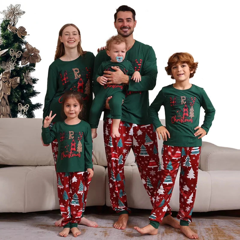 Xmas Whole Family Matching Christmas Pajamas Set Full Sleeve Letter Print T-shirt Pants Clothing Set Women Children's Loungewear