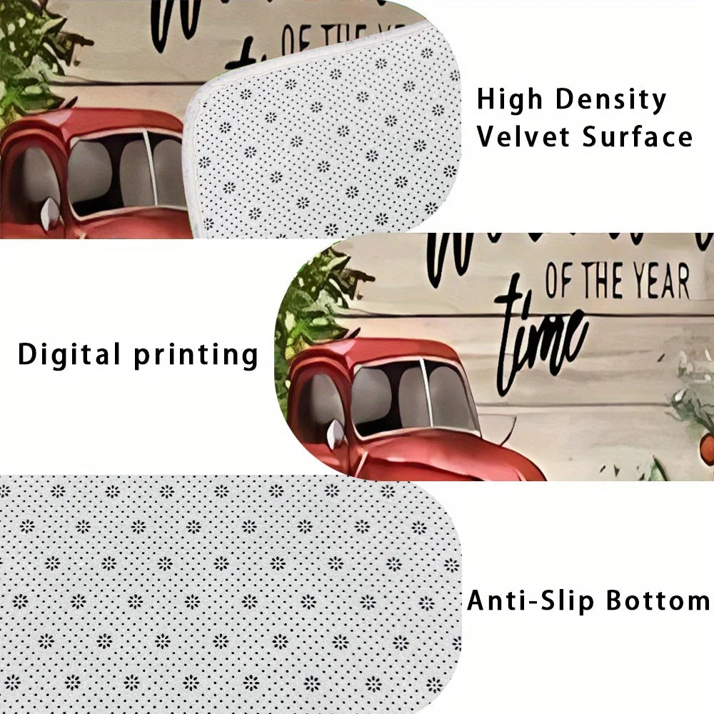 Merry Christmas Snow Resistant Kitchen Mat , Polyester Machine Washable Holiday Rug for Kitchen Corridor Bathroom Party Decor
