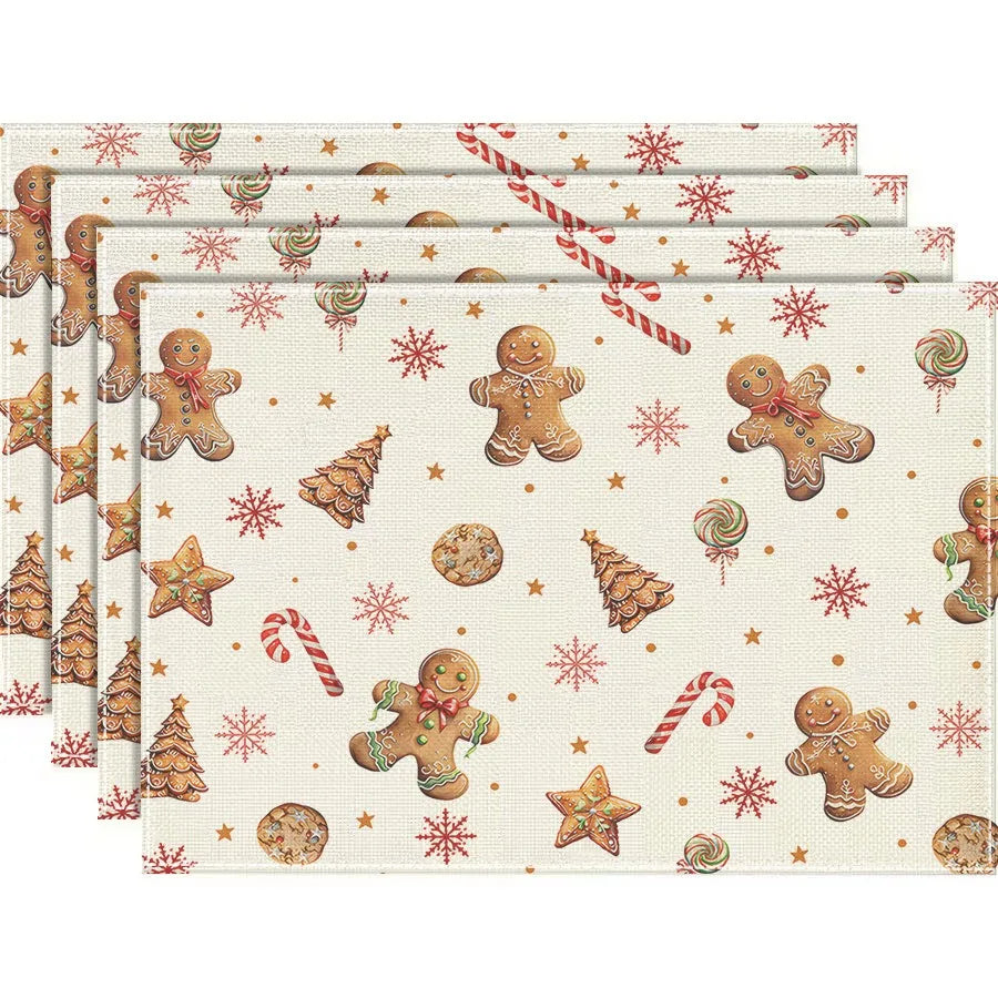4/6/8Pcs Church Xmas Trees Linen Placemat Snowflakes Merry Christmas Placemats Winter Table Mats for Party Kitchen Dining Decor