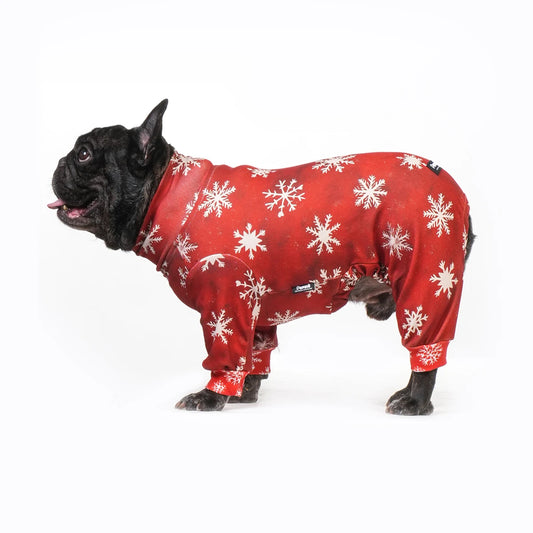 Ultra-Soft Christmas Dog Costume - Size  -6XL - Warm Pet Apparel - Red and Snowflake Pattern - Adjustable Dog Clothing