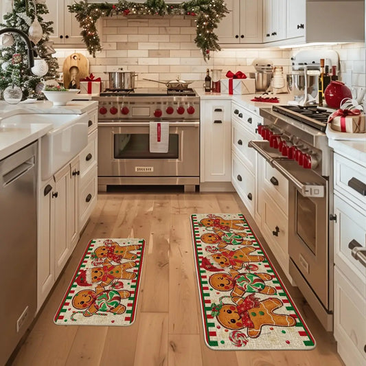 VIKAMA1/2PCS Lovely Christmas Gingerbread Man Crystal Velvet Kitchen Floor Mat Easy Care Floor Mat Entry Door Mat Home Decor