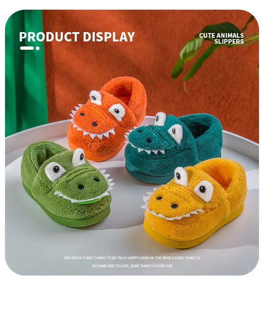 Cute green plush slippers with dinosaur cartoon pattern, suitable for toddler boys and girls, indoor wear