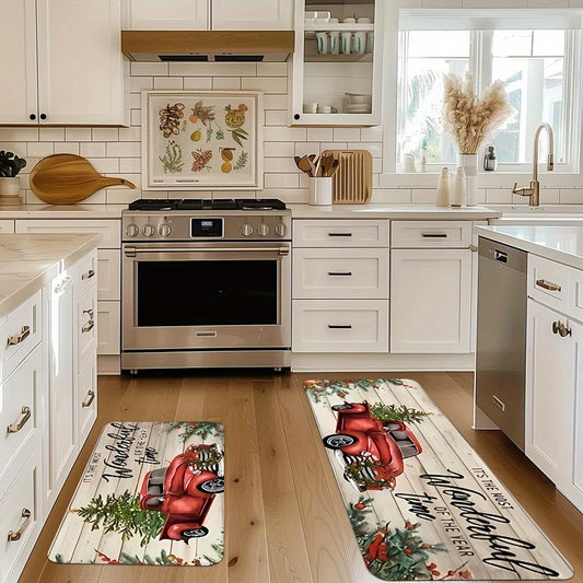 Merry Christmas Snow Resistant Kitchen Mat , Polyester Machine Washable Holiday Rug for Kitchen Corridor Bathroom Party Decor