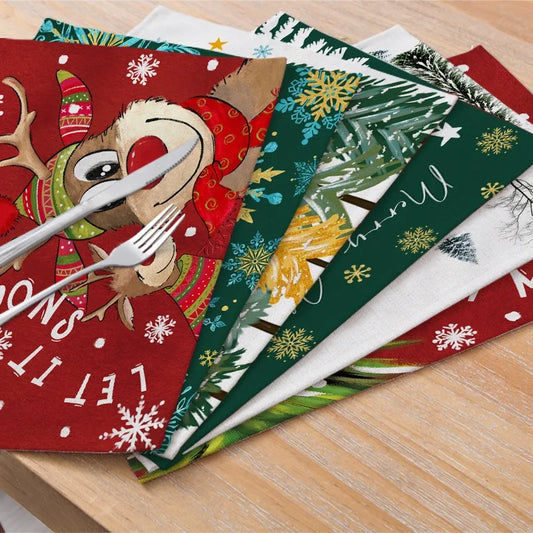 4/6/8Pcs Church Xmas Trees Linen Placemat Snowflakes Merry Christmas Placemats Winter Table Mats for Party Kitchen Dining Decor
