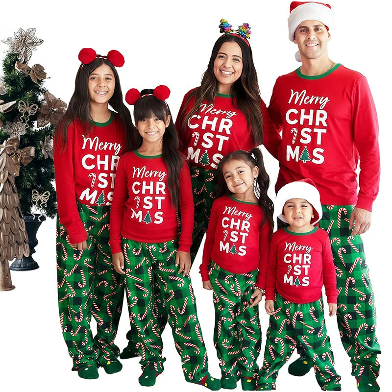 Xmas Whole Family Matching Christmas Pajamas Set Full Sleeve Letter Print T-shirt Pants Clothing Set Women Children's Loungewear