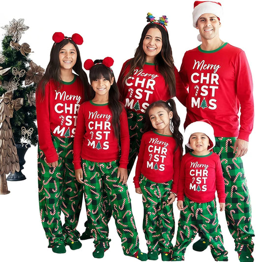 Xmas Whole Family Matching Christmas Pajamas Set Full Sleeve Letter Print T-shirt Pants Clothing Set Women Children's Loungewear