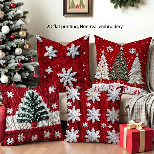 Christmas Red Pillows with Snowflakes and Trees Square polyester pillowcase, modern sofa decorative cushion cover