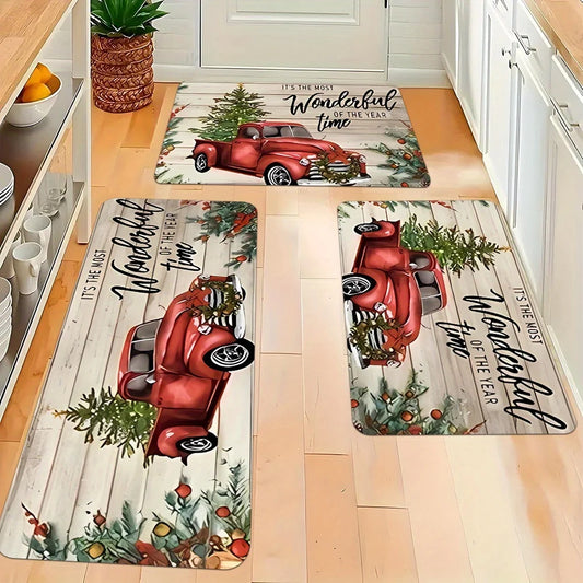Merry Christmas Snow Resistant Kitchen Mat , Polyester Machine Washable Holiday Rug for Kitchen Corridor Bathroom Party Decor