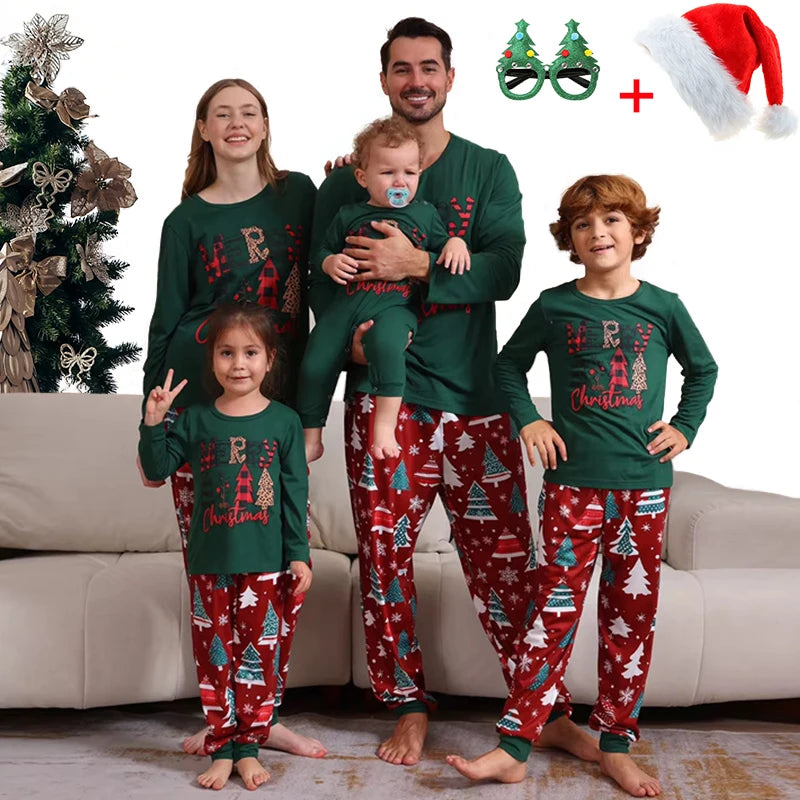 Xmas Whole Family Matching Christmas Pajamas Set Full Sleeve Letter Print T-shirt Pants Clothing Set Women Children's Loungewear