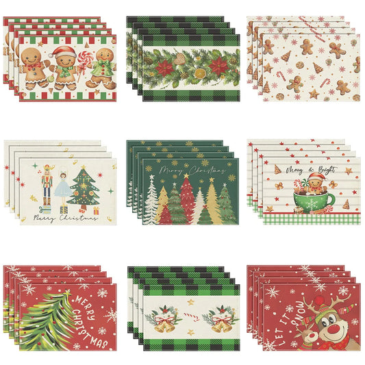 4/6/8Pcs Church Xmas Trees Linen Placemat Snowflakes Merry Christmas Placemats Winter Table Mats for Party Kitchen Dining Decor