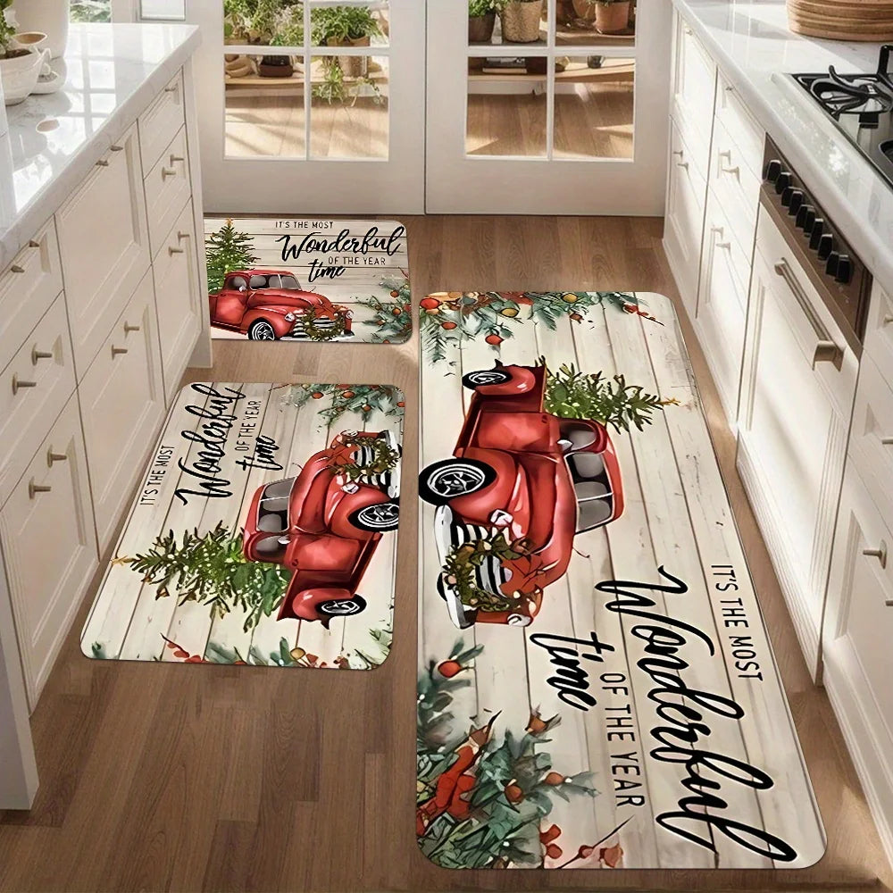 Merry Christmas Snow Resistant Kitchen Mat , Polyester Machine Washable Holiday Rug for Kitchen Corridor Bathroom Party Decor