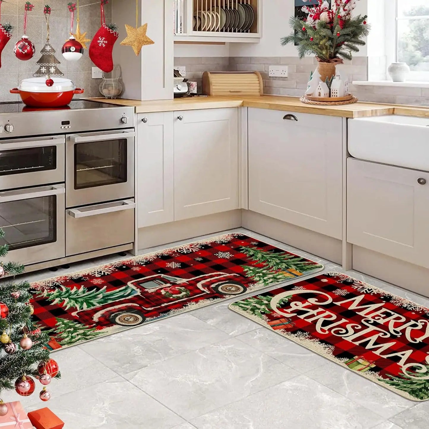 VIKAMA1/2PCS Lovely Christmas Gingerbread Man Crystal Velvet Kitchen Floor Mat Easy Care Floor Mat Entry Door Mat Home Decor