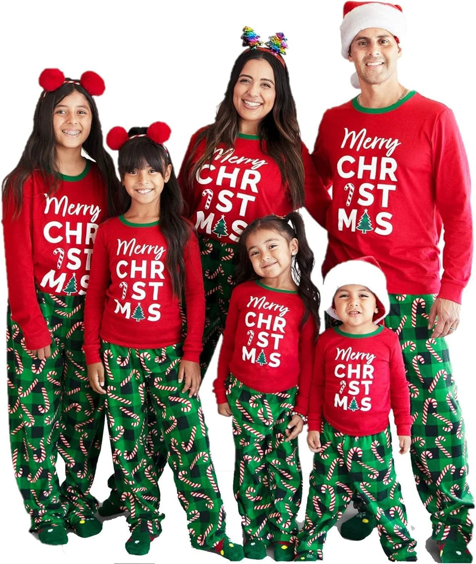 Xmas Whole Family Matching Christmas Pajamas Set Full Sleeve Letter Print T-shirt Pants Clothing Set Women Children's Loungewear