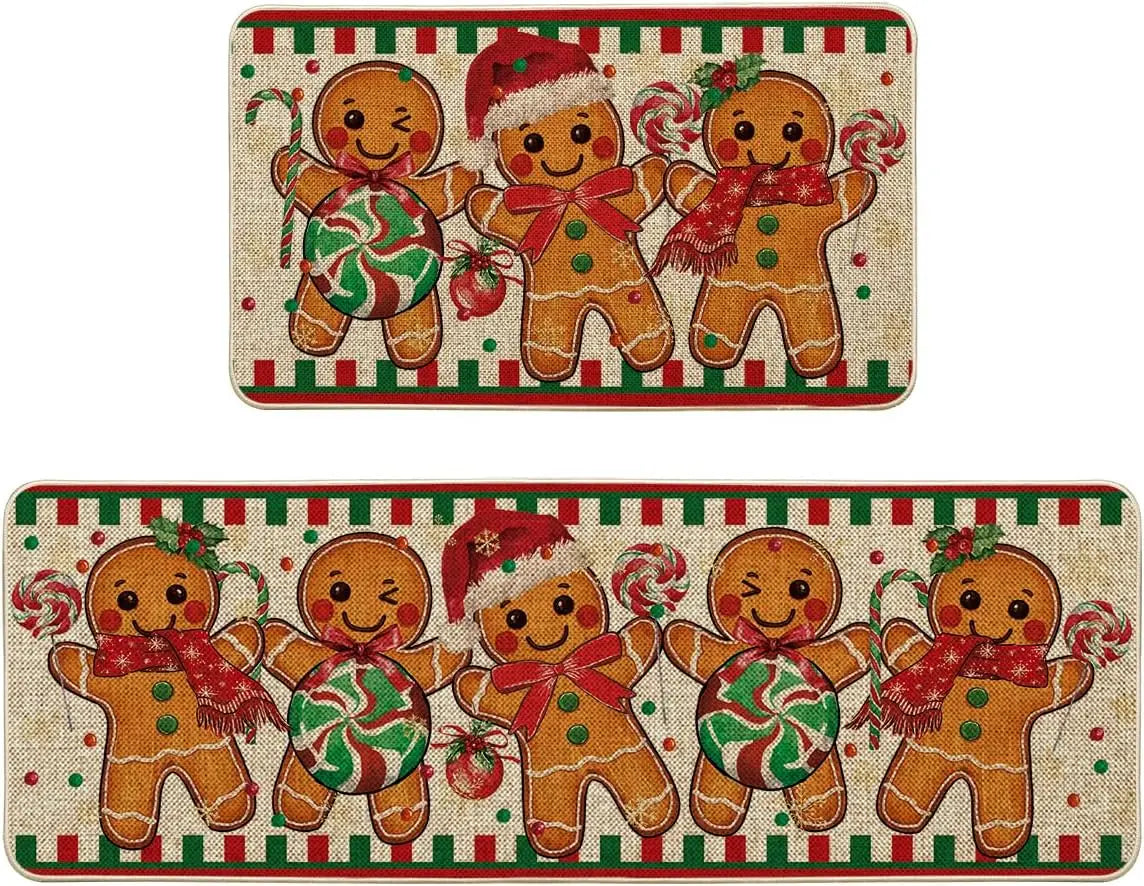 VIKAMA1/2PCS Lovely Christmas Gingerbread Man Crystal Velvet Kitchen Floor Mat Easy Care Floor Mat Entry Door Mat Home Decor