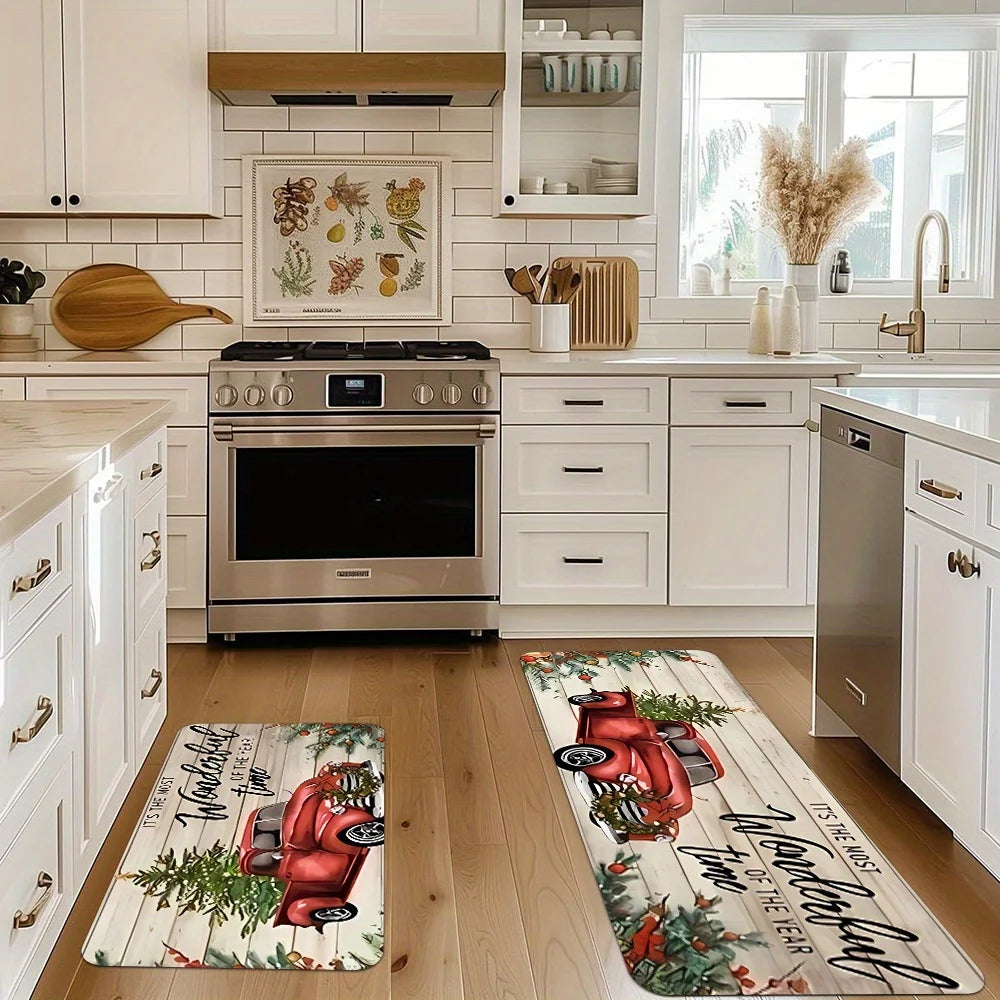 Merry Christmas Snow Resistant Kitchen Mat , Polyester Machine Washable Holiday Rug for Kitchen Corridor Bathroom Party Decor